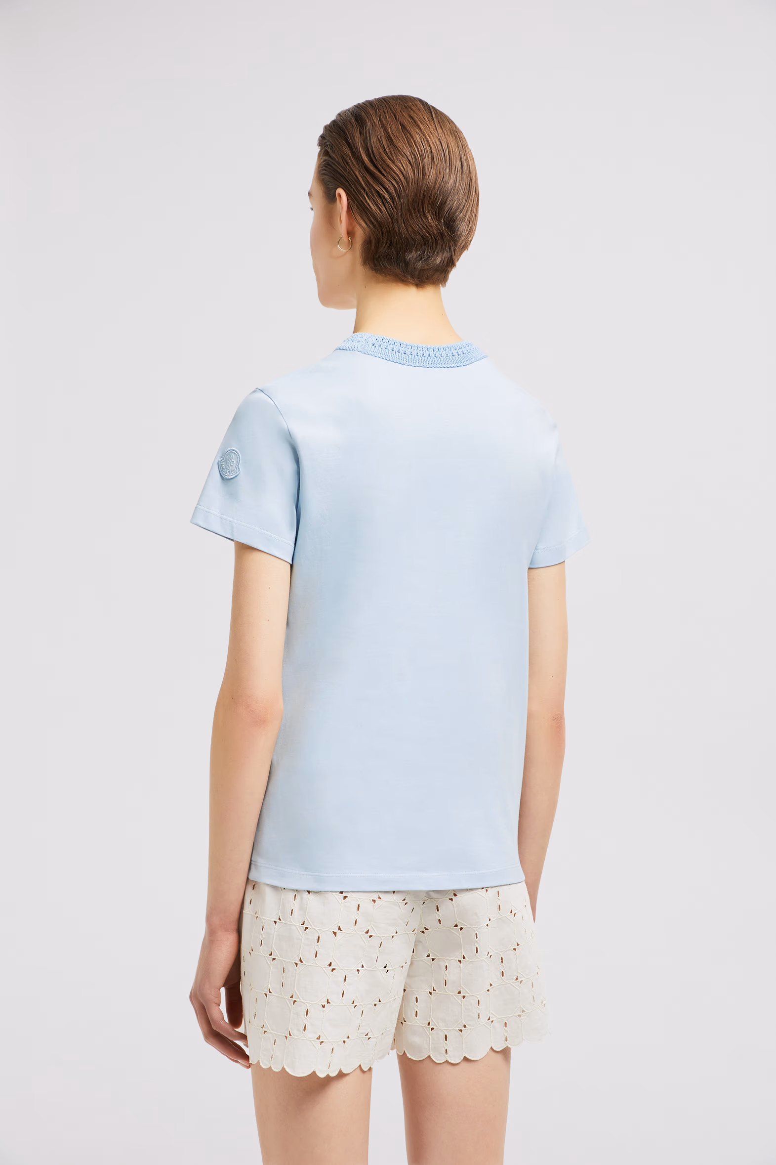 Crochet Accent Cotton T-Shirt Women Light Blue Moncler 5